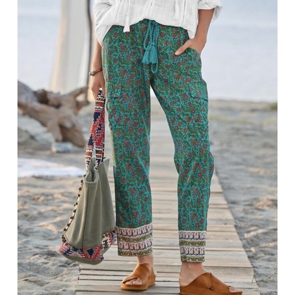 Sundance Pants - Gorgeous teal with a coral print Sundance Catalog Running Rivers casual pants M.